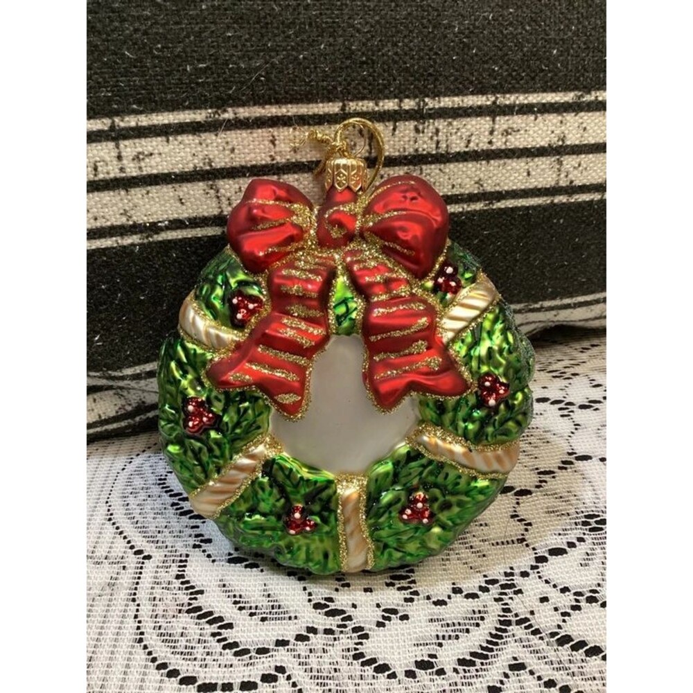 Hand Painted Blown Glass Christmas Wreath Tree Ornament Larger Size 4.5" Poland